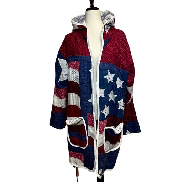 Handmade Patriotic Quilt Coat USA Flag Patchwork Hooded Jacket | Heirloom & Hem - Picture 2 of 8